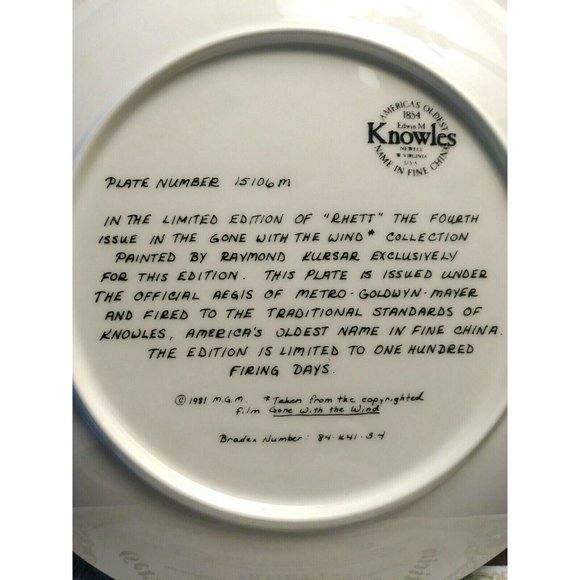 Gone With The Wind Limited Edition "Rhett" Collectible Plate Edwin Knowles China - Picture 3 of 3